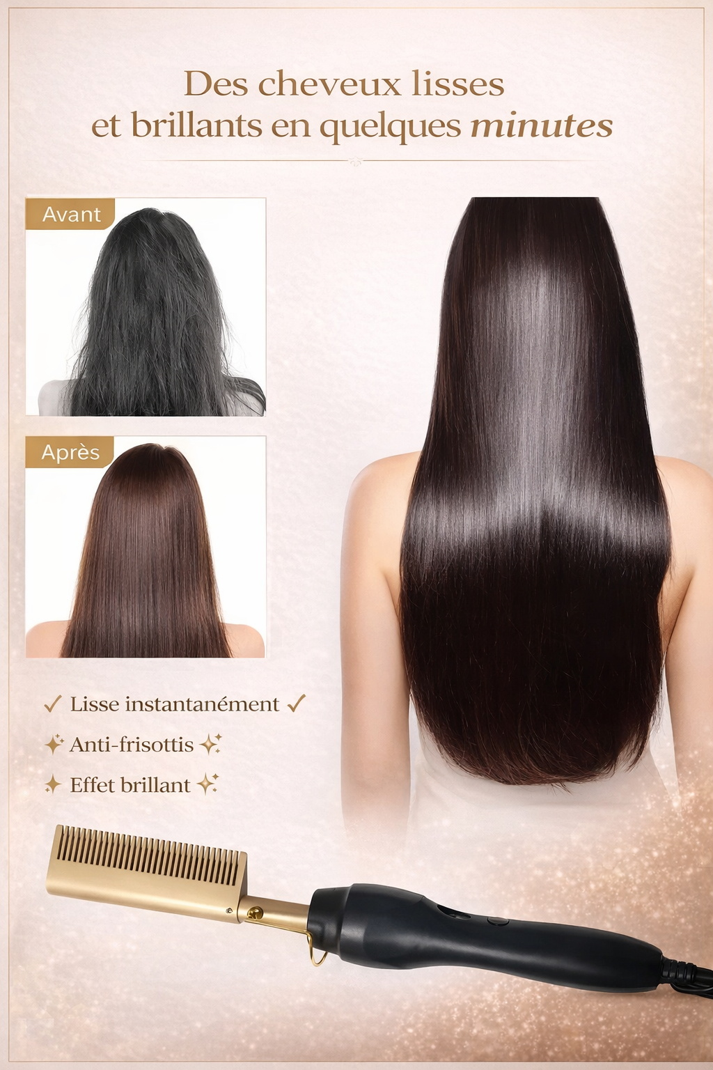 Peigne Chauffant Électrique – Lissage Rapide des Cheveux