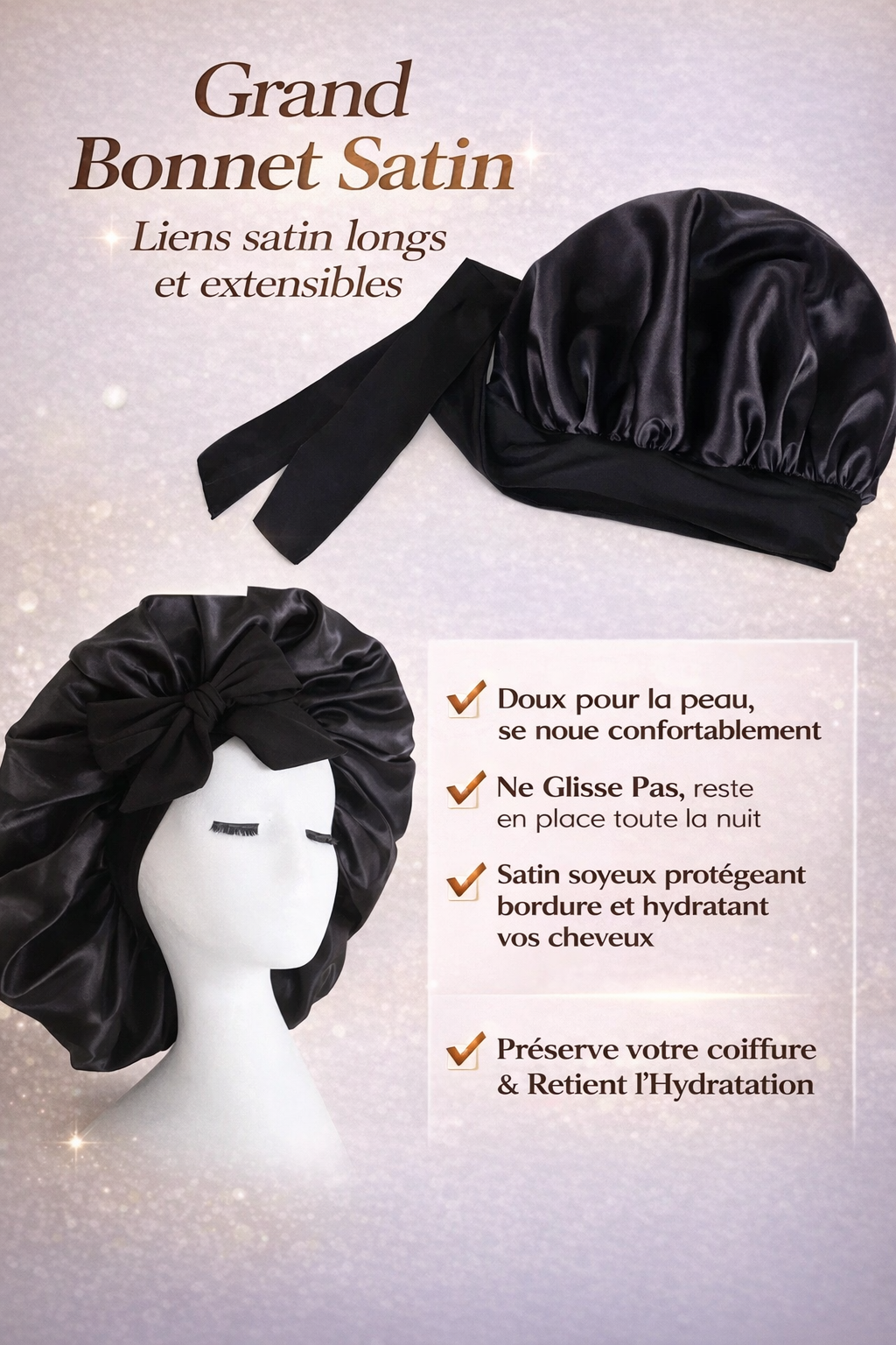 Bonnet en Satin Réglable – Protection des Cheveux Nuit