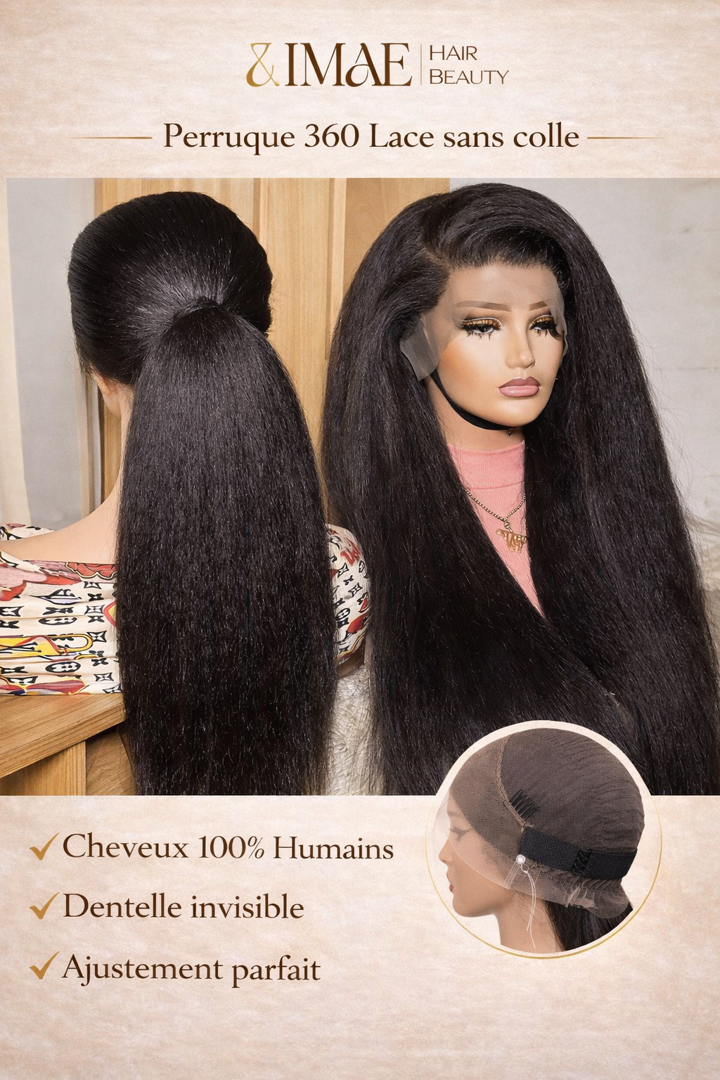 Perruque 360 Full Lace Kinky Straight – Cheveux Humains (Invisi Strap)