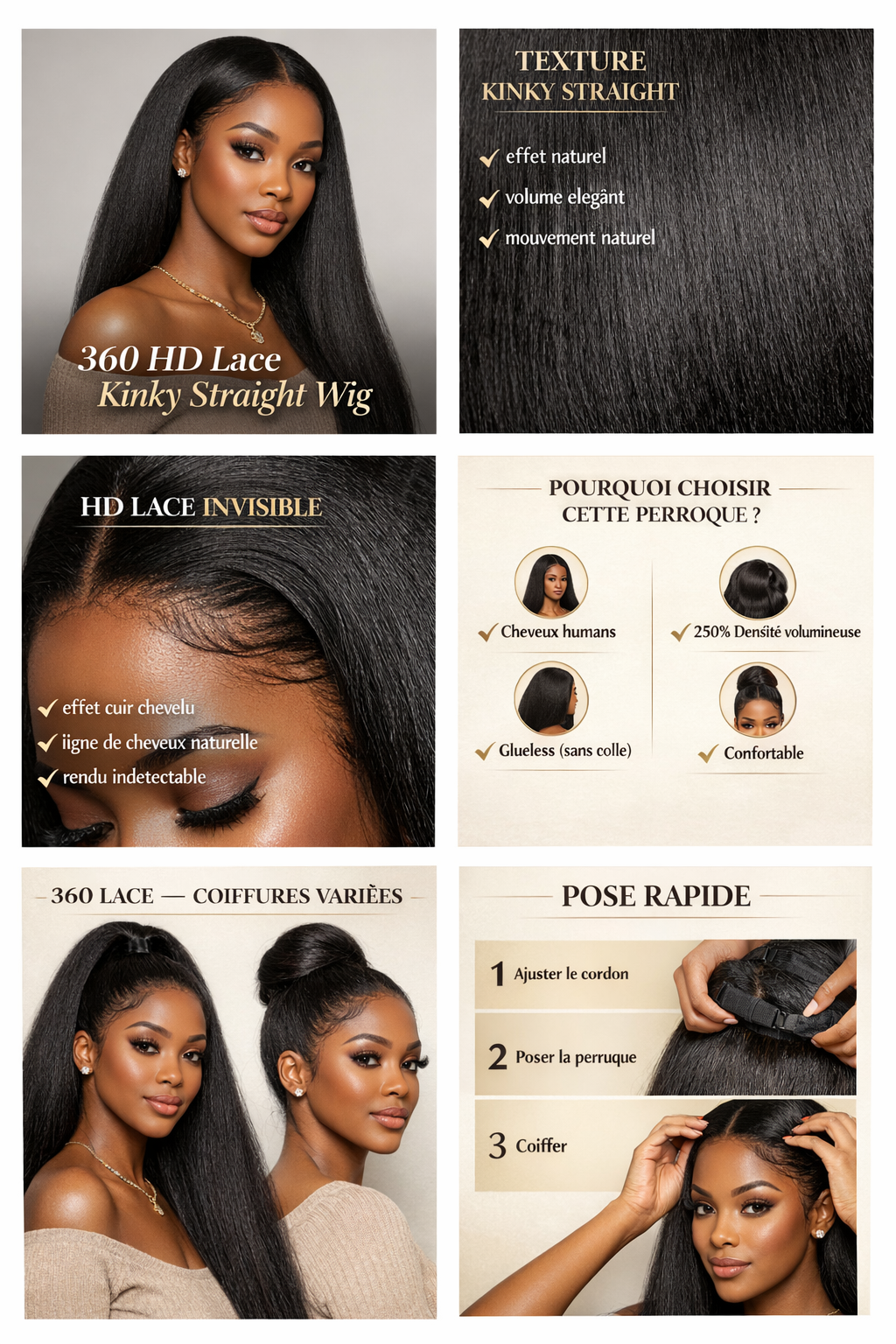 Perruque 360 Full Lace Kinky Straight – Cheveux Humains (Invisi Strap)