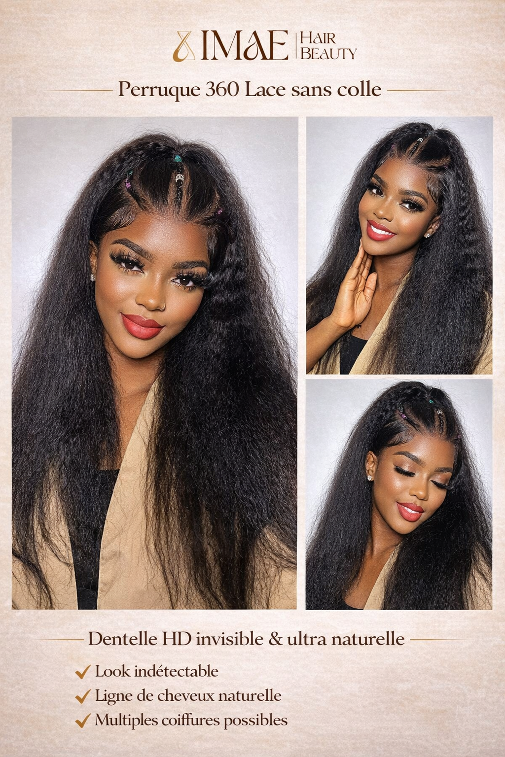 Perruque 360 Full Lace Kinky Straight – Cheveux Humains (Invisi Strap)