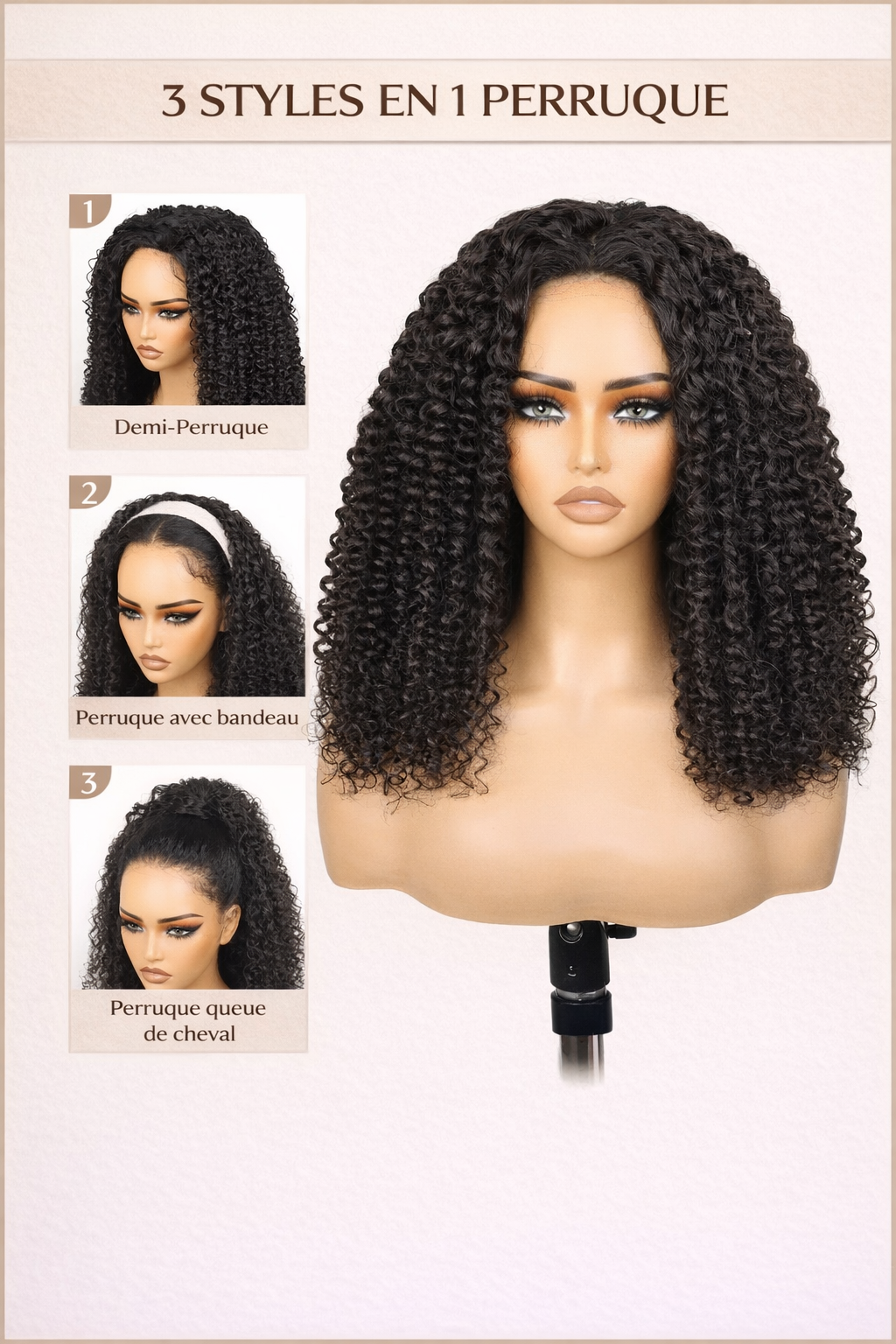 Perruque Kinky Curly 3-en-1 avec Cordon – Cheveux Humains