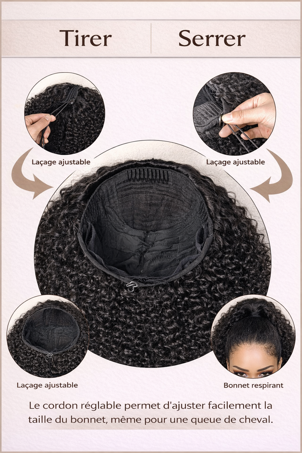 Perruque Kinky Curly 3-en-1 avec Cordon – Cheveux Humains