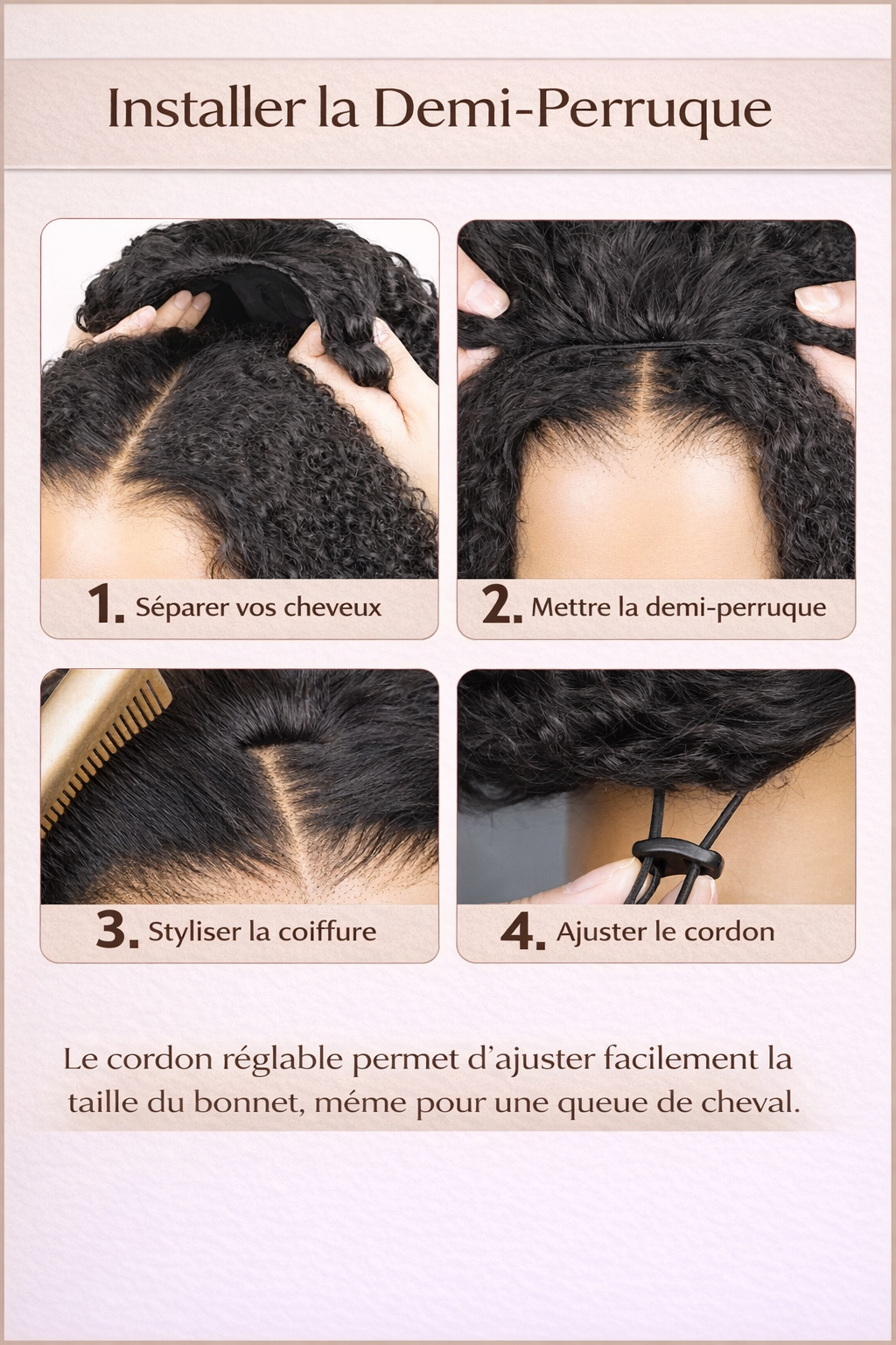 Perruque Kinky Curly 3-en-1 avec Cordon – Cheveux Humains